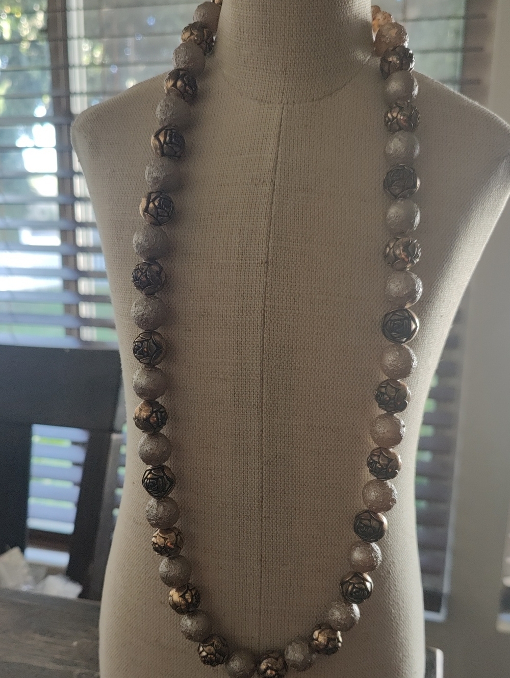 Long Bronze and Taupe Beaded Statement Necklace